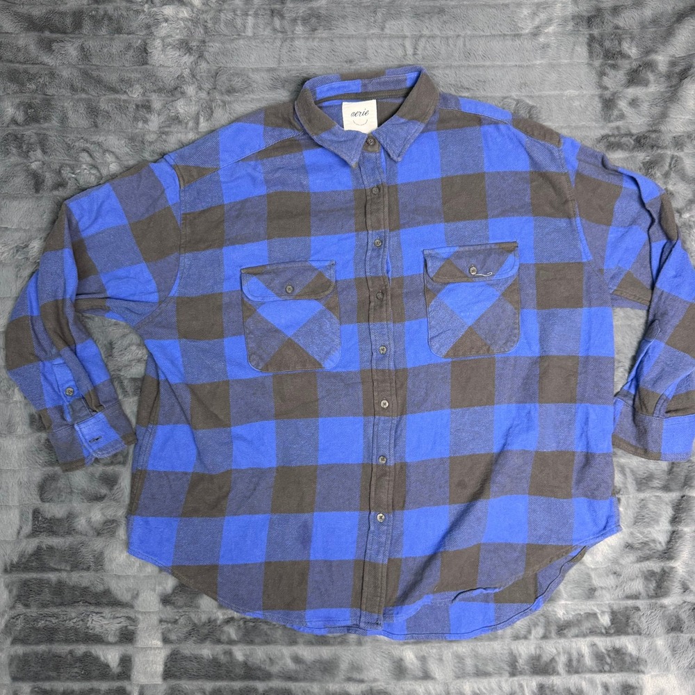 Aerie Flannel Shirt Womens Medium Blue Plaid Oversized Cotton Button Down 4405